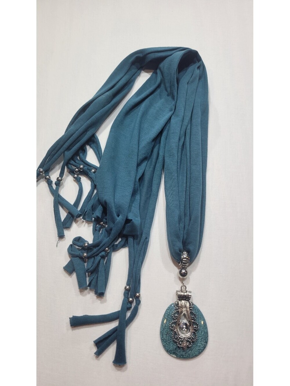 Bohemian Style Blue Fabric Necklace with Decorative Pendant